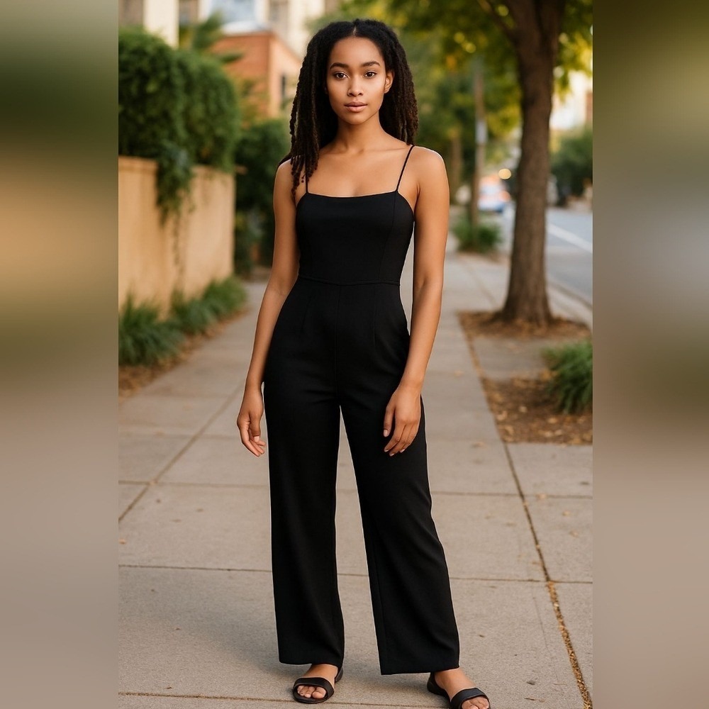Miami Black Wide Leg Jumpsuit XS Sleek Strappy Minimalist  Street Style‎